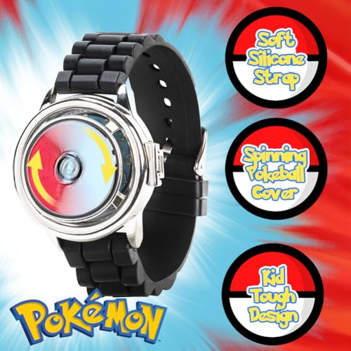 Pokémon Spinner Top Analog Watch for Kids – Features Iconic Poké Ball Spinner, Silver Metal Case, Comfortable Silicone Strap, and Pikachu Dial Art, Perfect for Pokémon Fans and Collectors