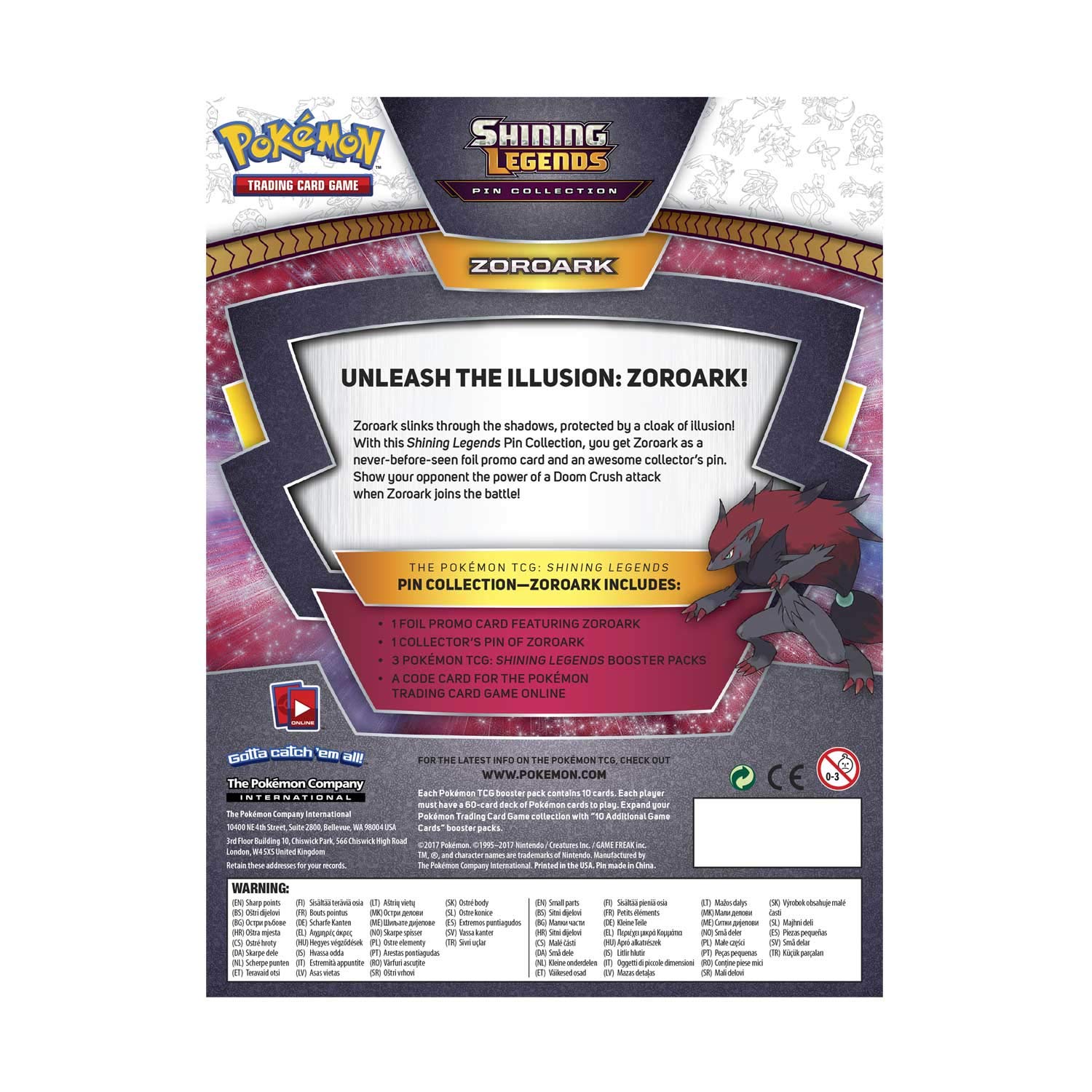 Pokemon TCG: Shining Legends Pin Collection – Zoroark, Premium Collectible Trading Card Set, Includes 3 Booster Packs, 1 Ultra Rare Foil Promo Card, 1 Collectors Pin, Online Code Card
