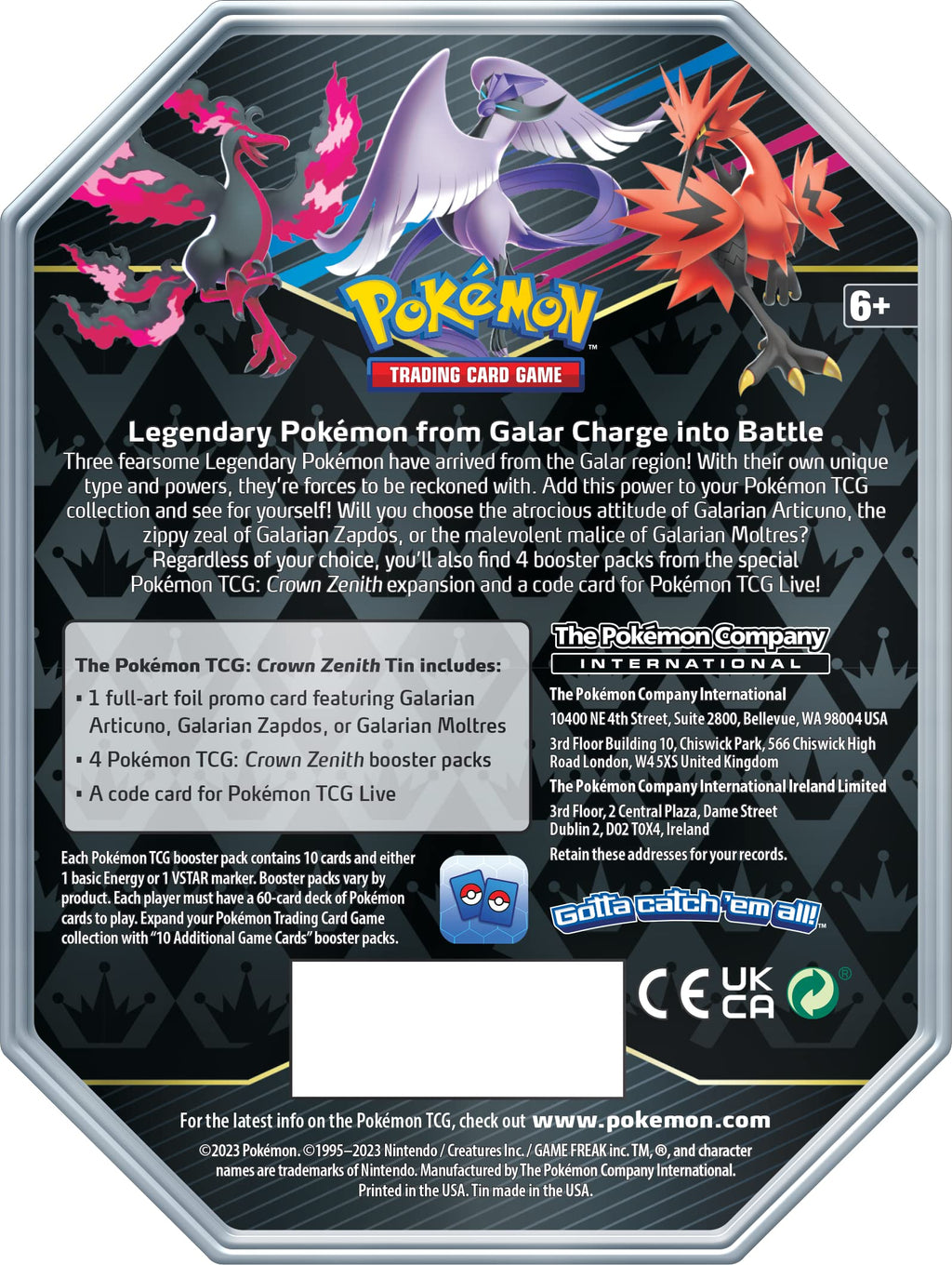 Pokemon TCG: Crown Zenith Tin – Galarian Moltres (1 Foil Card & 5 Booster Packs)
