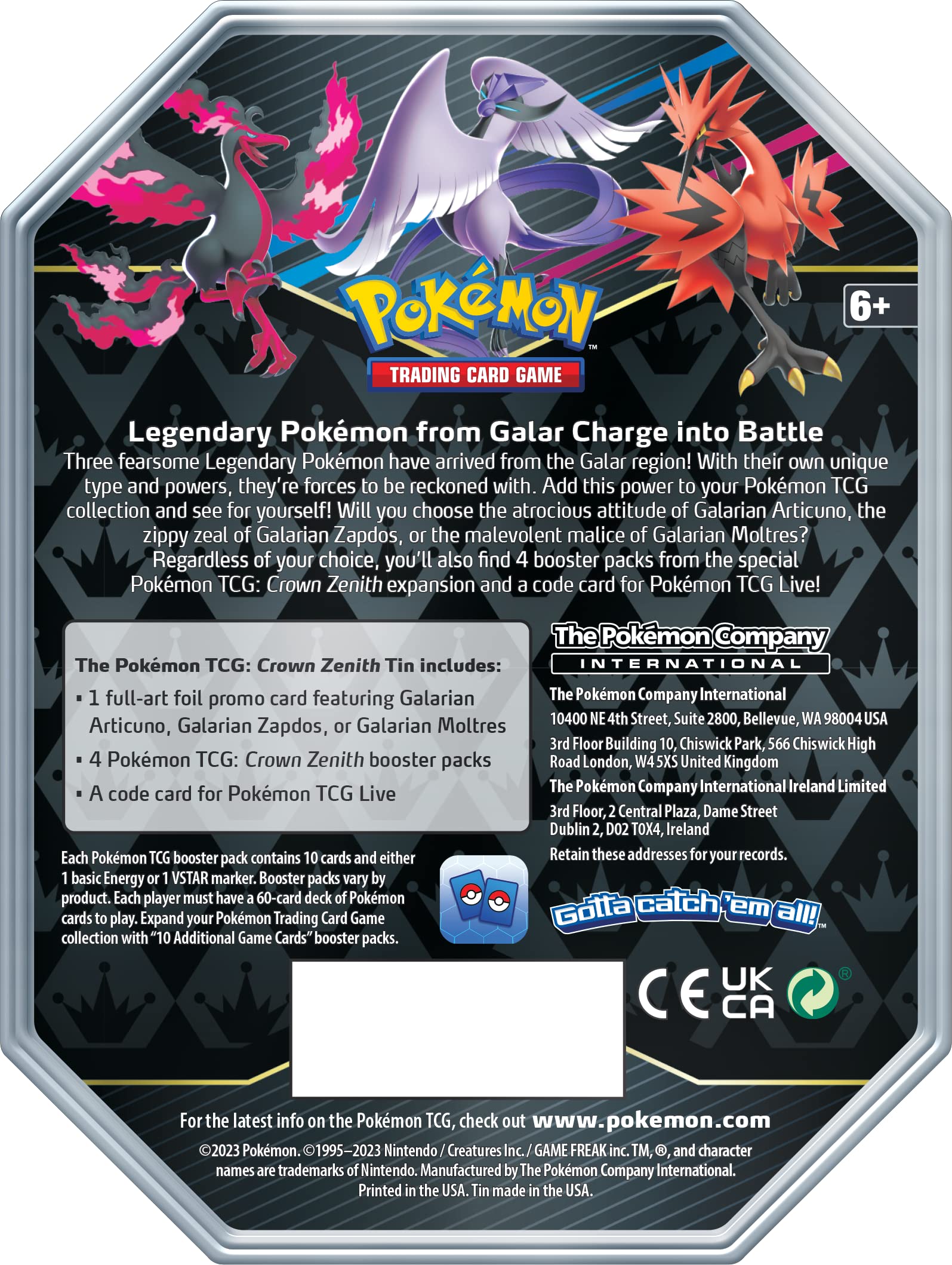 Pokemon TCG: Crown Zenith Tin – Galarian Moltres (1 Foil Card & 5 Booster Packs)