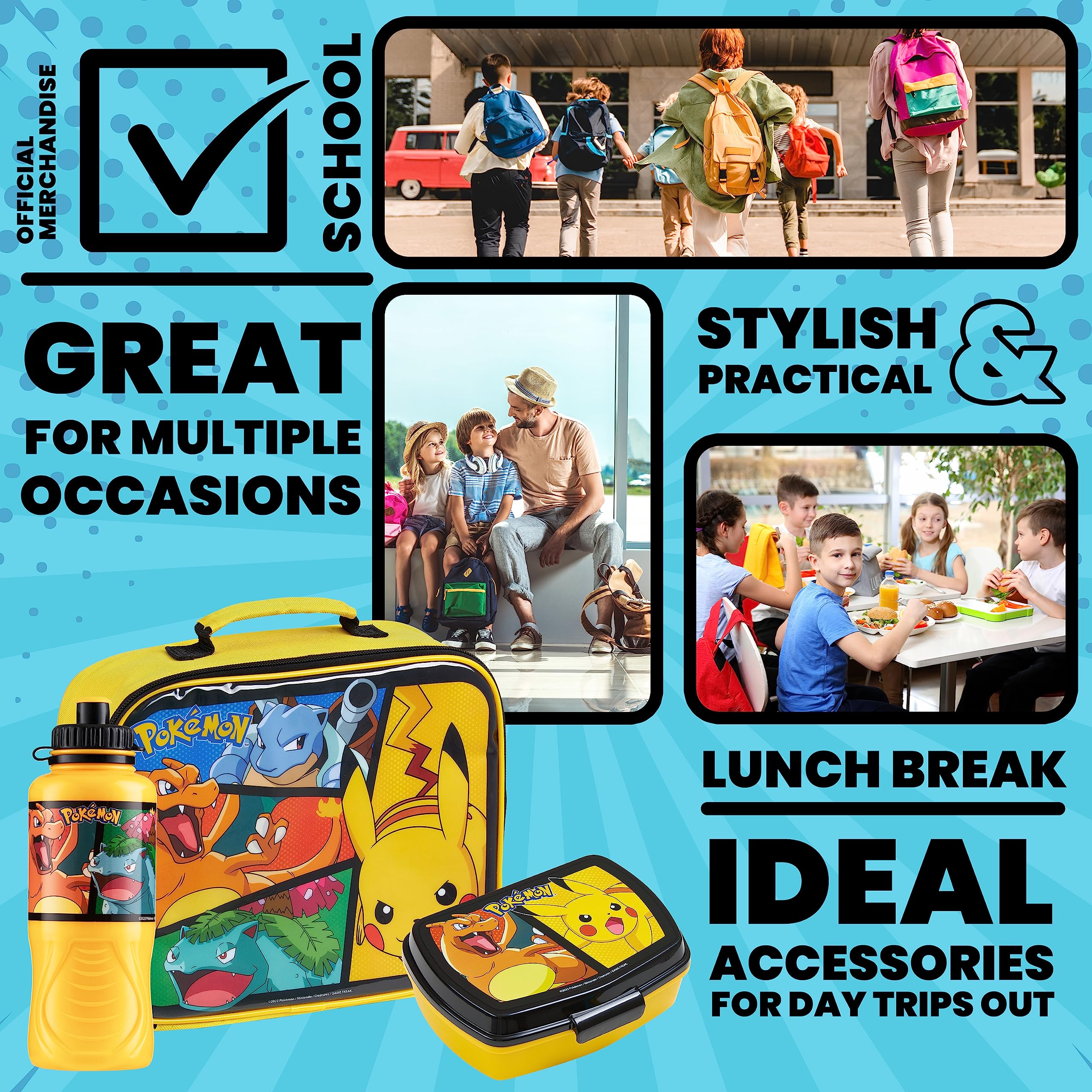 Pokemon Insulated Lunch Bag with Lunch Box Water Bottle Set for Kids 3 Piece School Snack Bag Pikachu Gifts for Kids (Yellow)