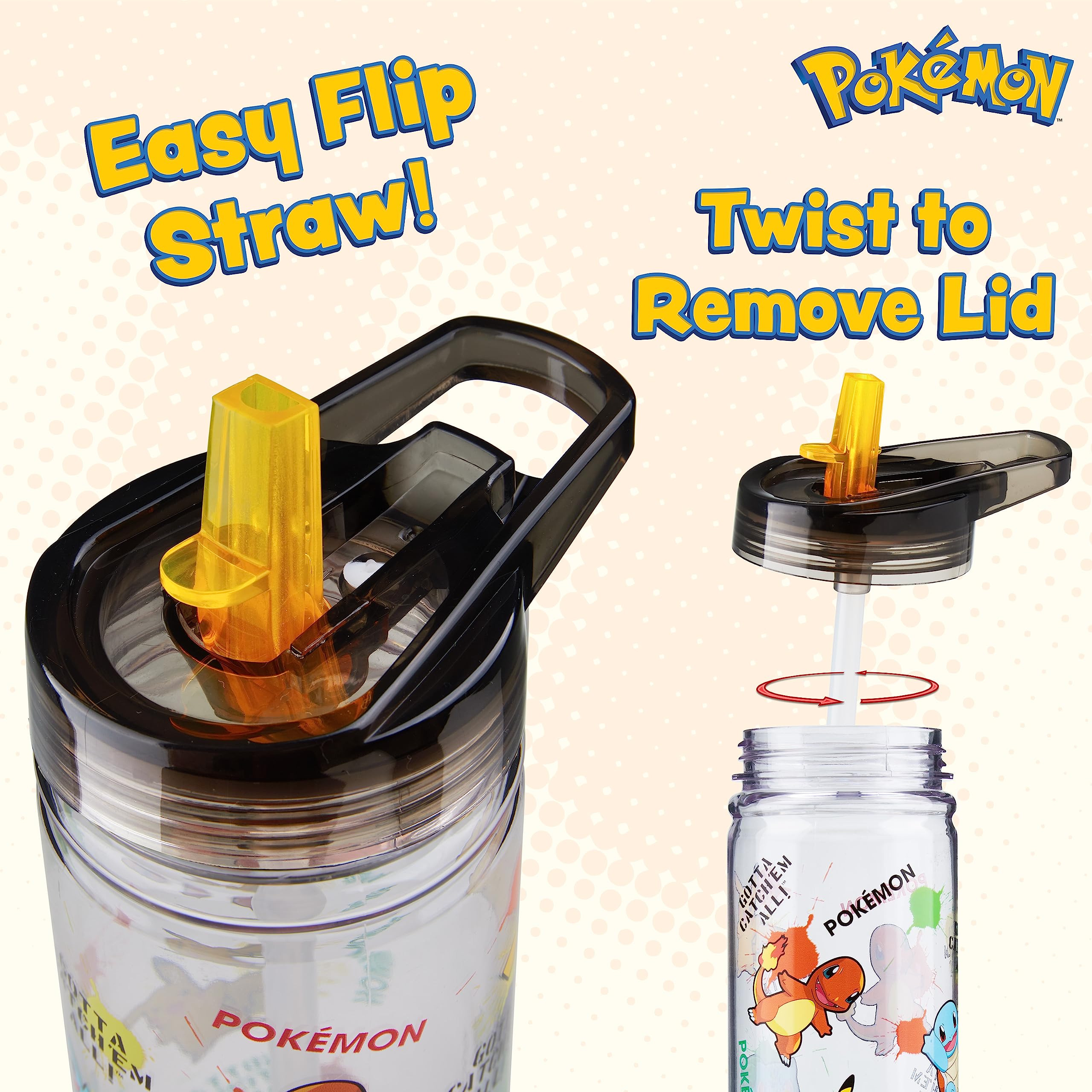 Pokemon Water Bottle for Kids with Straw, 19.6oz Plastic Reusable Drink Bottle